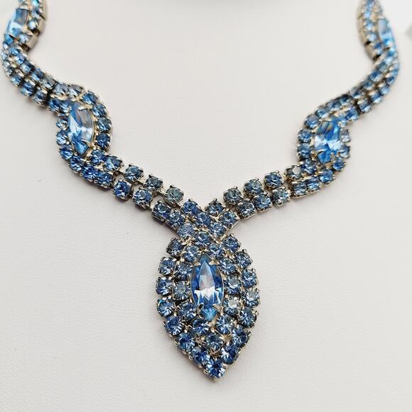 Stunning Baby Blue Marquis Rhinestone Necklace & Bracelet Set Statement Parure - Picture 4 of 16